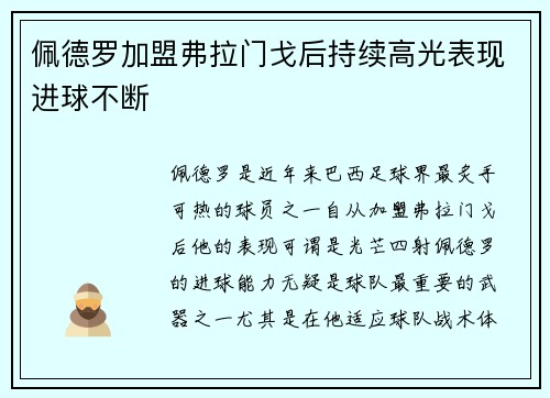 佩德罗加盟弗拉门戈后持续高光表现进球不断